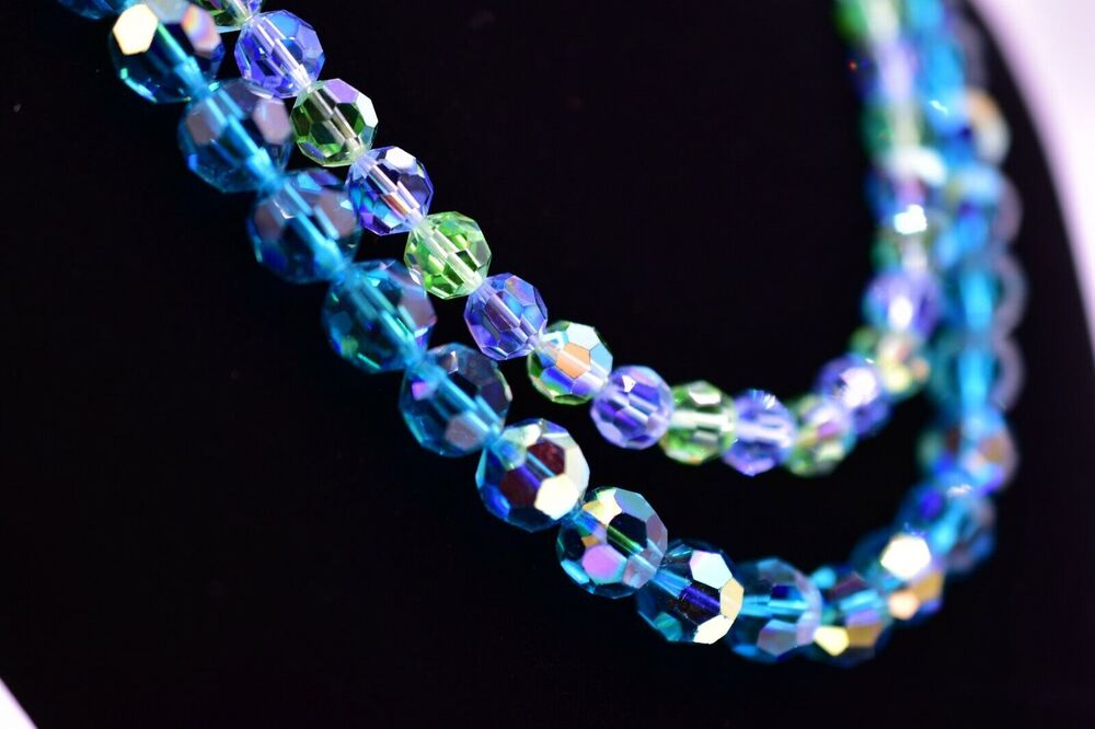 Vintage Crystal Necklace Double Layered Collar Turquoise Blue Green 1960s BinE